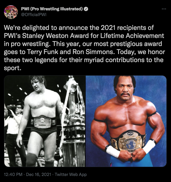 Tweet announcing the 2021 Recipients of the Stanley Weston Award, Ron Simmons and Terry Funk
