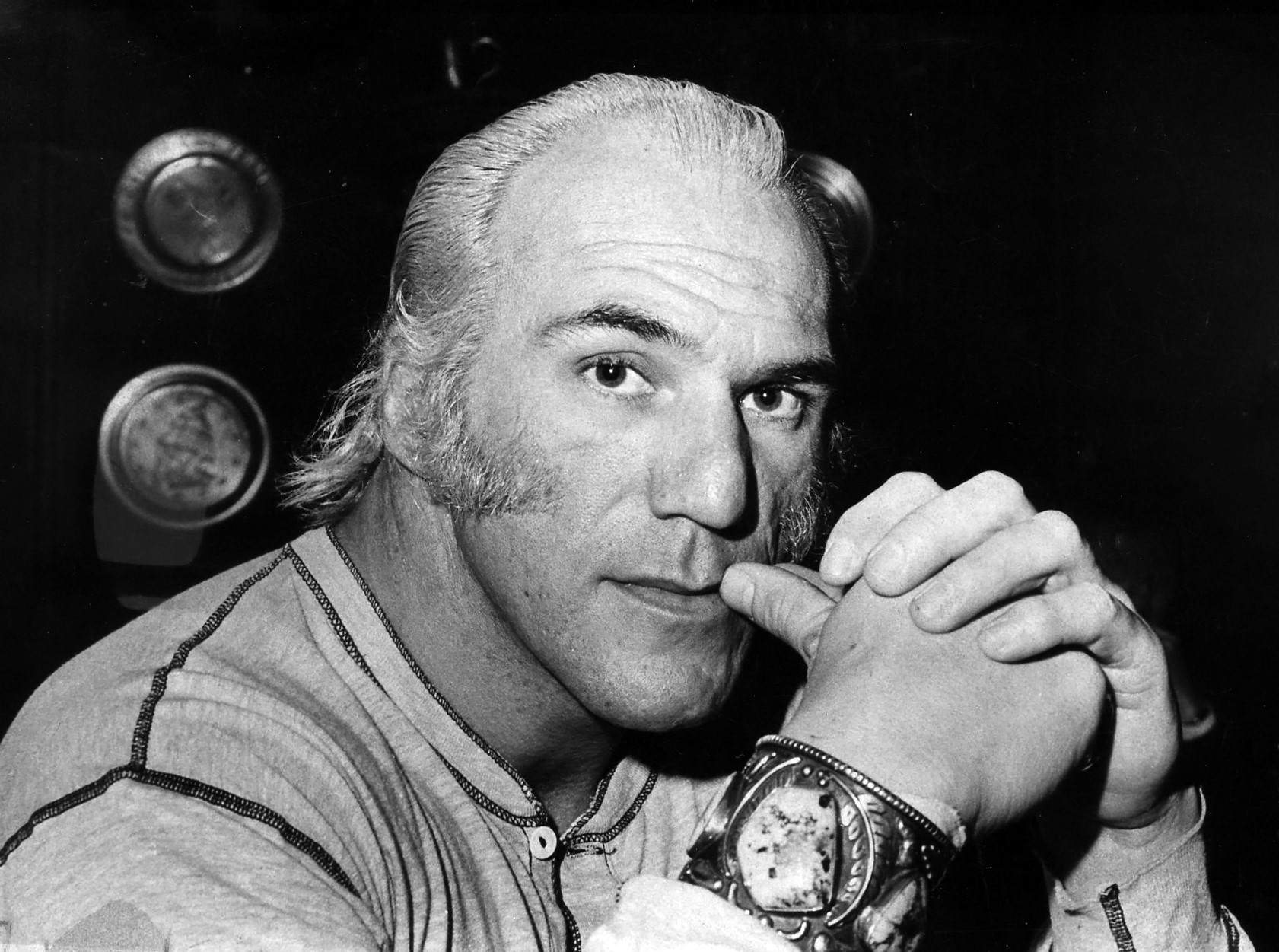 Close-up of Superstar Billy Graham, casual clothing, in NYC, shot by Bill Apter