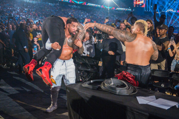 At SummerSlam 2023, Jey Uso is attacked by Solo Sikoa while attempting to lay out Roman Reigns in the stands.