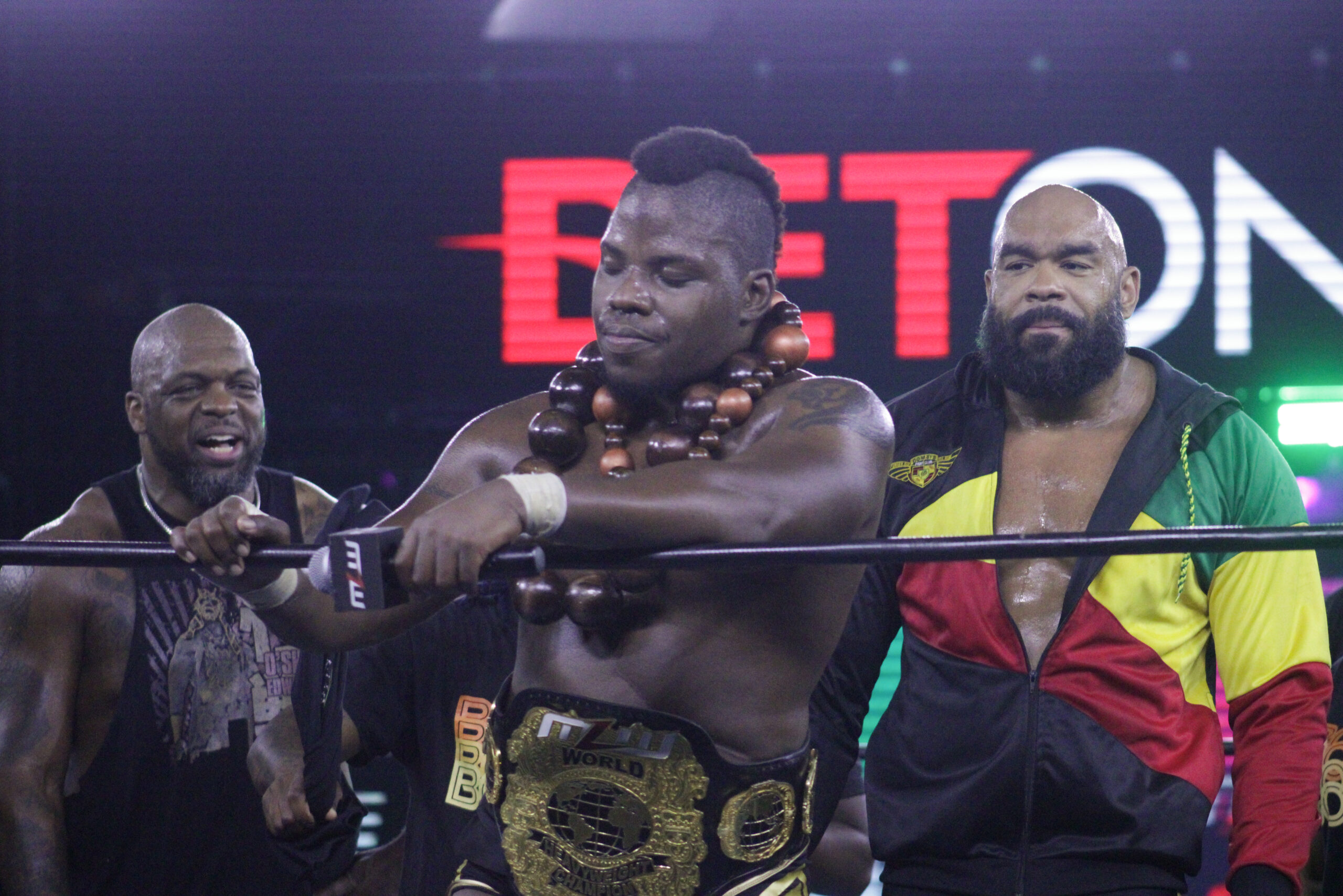 Alex Kane addresses the people alongside his Bomaye Fight Club, MLW @ 2300 Arena, July 2023